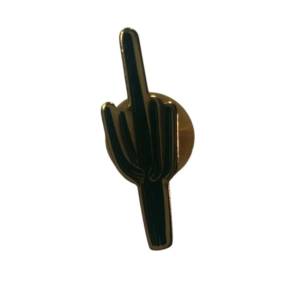 Gold Tone Middle Finger Cactus Enamel Pin Green Saguaro Lapel Hat Badge